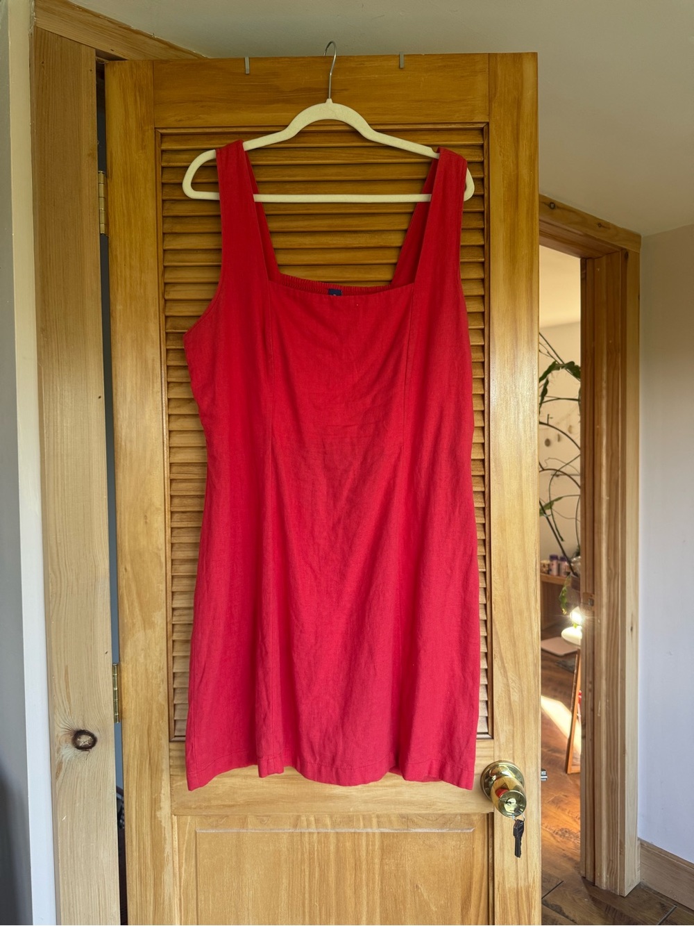 Red Linen Square Neck Shift Dress